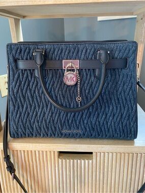 Michael Kors Navy Braided Quilted Satchel with Silver MK Charm (DEMIN)